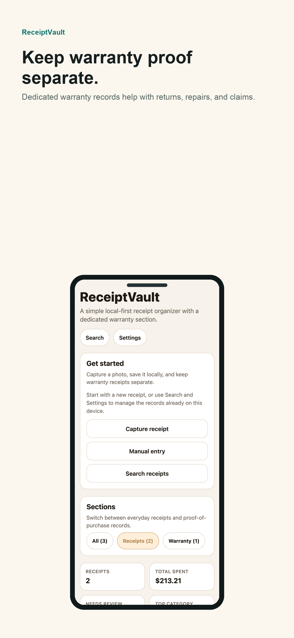 ReceiptVault warranty receipt screenshot